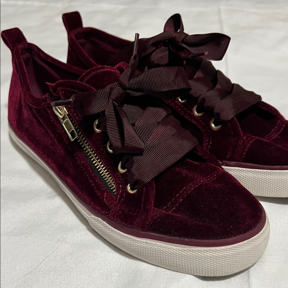 Women's Velvet Lace-Up Sneakers with Ribbon Laces in Burgundy